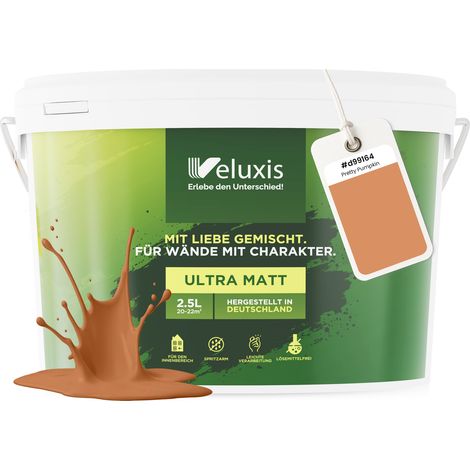 Wandfarbe Orange Braun Gold Matt Innenfarbe – Deckkraft Klasse 1, VOC-frei, Ohne Grundierung, Tropfarm – Wohnzimmer & Schlafzimmer – 2,5L – Veluxis (Pretty Pumpkin)