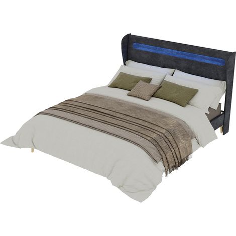 Lit rembourré minimaliste moderne avec tête de lit LED douce intégrée, 160x200 cm, gris, mobilier de chambre multifonctionnel, base basse sans rangement (sans vérin à gaz), matelas non inclus. (1/5)