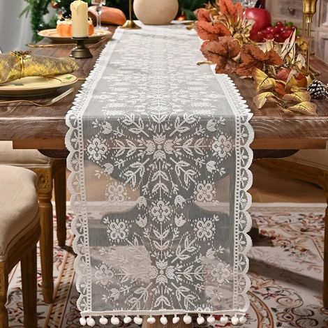 Napperons de Table en Dentelle Blanche à Motifs Flocons de Neige - Tissu pour Nappe de Décoration pour Noël et Goûters 28x183cm (1/5)