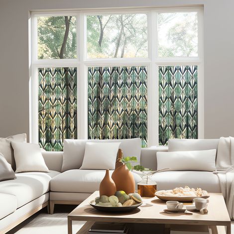Stickers décoratifs électrostatique, motif graphique bleu et vert effet vitrail lumière colorée, 150 cm X 67,5 cm (1/5)