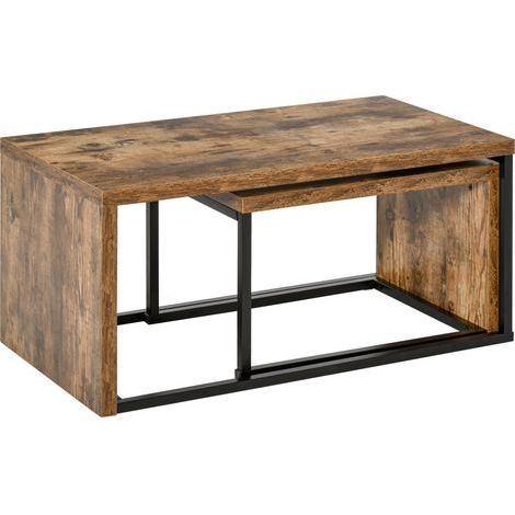 Lot de 2 Tables Basses gigognes Design Industriel encastrable dim. Grande Table 90L x 48l x 42H cm métal Noir Aspect Vieux Bois (1/5)
