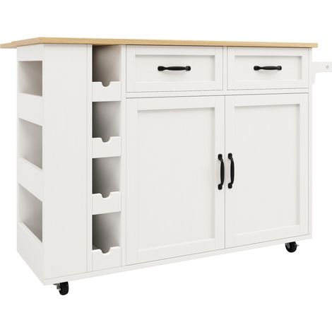 CAIziÎlot de cuisine, chariot de cuisine équipé d'une multiprise, meuble de cuisine, chariot de service amovible avec casier à vin, buffet, chariot de service à effet bois, buffet, blanc