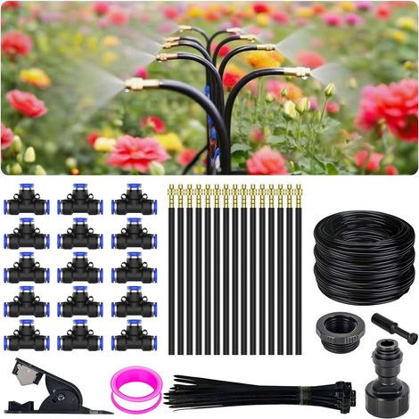 Sistema de riego por goteo ajustable 360° – Sistema de aspersores de jardín de 15,2 m con 15 boquillas, kit de riego por goteo para jardín, patio, césped, invernadero, plantas, manguera de 0,6 m (1/4)