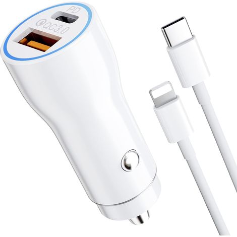 Chargeur Allume Cigare pour iPhone, Chargeur Voiture Rapide USB C 38W avec PD 20W USB-C & QC 3.0 18W USB-A Allume Cigare Adaptateur avec 1M Câble USB C Chargeur pour iPhone 12/13/11/Pro Max/X, Pad