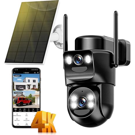 4K Caméra de Surveillance WiFi Extérieure sans Fil,8MP Double Objectif Camera Solaire Extérieur avec Panneau,Vision Nocturne,PIR Détection Humaine,Suivi Automatique,360° PTZ,Audio Bidirectionnel,IP66 (1/5)