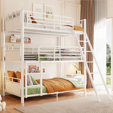 Letto a castello triplo per bambini 90x200 cm separabile in 3 letti singoli con rete a doghe e 2 scalette struttura in metallo moderno bianco (1/5)