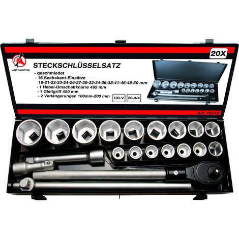 Coffret de 20 douilles 3/4 6 pans de 19 à 50 mm – Chrome Vanadium – Cliquet renforcé 500 mm – Rallonges 100 et 200 mm - coffret20