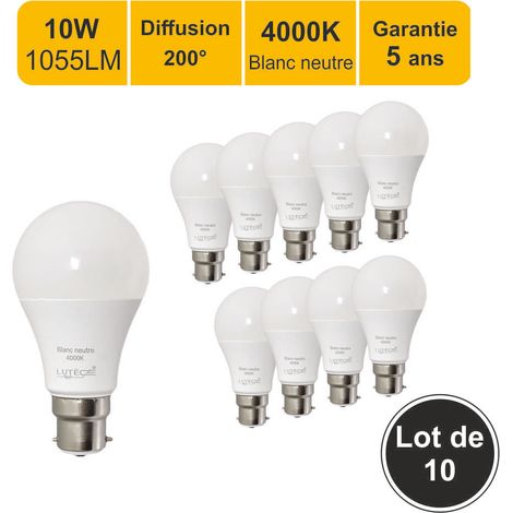 Lot de 10 ampoules LED 10W (équiv. 75W) B22 1055lm 4000K - garantie 5 ans
