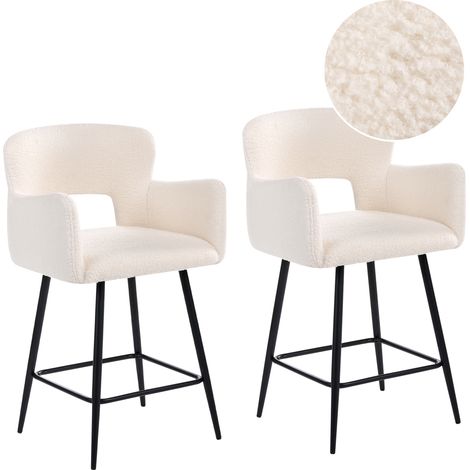 Conjunto de 2 sillas de bar modernas asiento de bouclé con reposabrazos respaldo acolchado blanco crema Sanilac