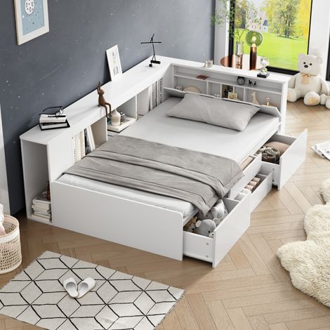 Lit enfant moderne 90x200 cm en MDF blanc avec sommier à lattes, 4 tiroirs, bibliothèque latérale et rangements (1/5)