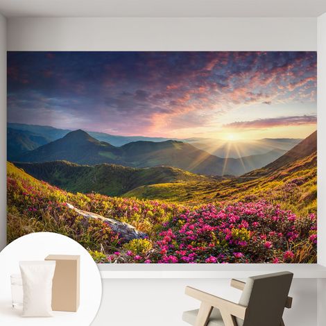 Tapete Vliestapete mit Kleber - trendige Wanddeko - elegant Fototapete für Wohnzimmer - Schlafzimmer Bergpanorama 152x104 cm (1/5)