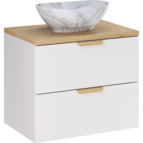 Set da bagno OSTER 60cm: mobile basso con cassetti + piano per lavabo + lavabo da appoggio bianco marmorizzato