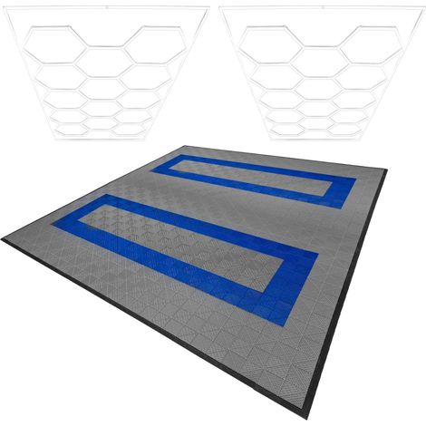 Piastrelle Modulari Ventilate 165 Grigie & 60 Blu con Bordi e Illuminazione LED Esagonale 28 Luci Bianche 6500K 3 Opzioni di Montaggio Kit Soffitto Sospeso Pavimento Garage 6m x 6m