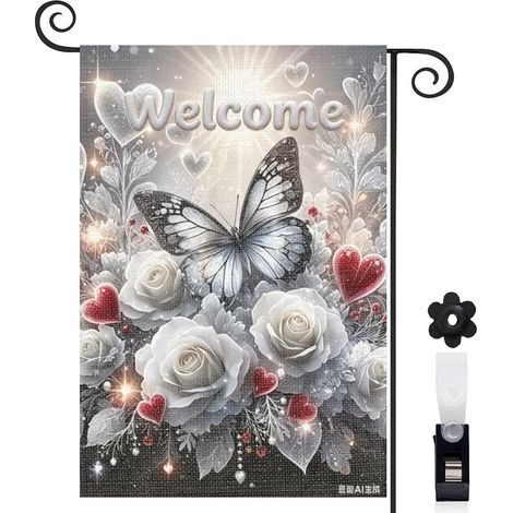 Drapeau de jardin printemps été 30 x 45 cm motif papillon et fleurs naturelles toile double face résistante (1/5)