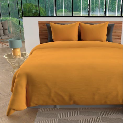 Housse de couette + 2 taies 240 x 260 cm microfibre lavee Intemporel moutarde (1/3)