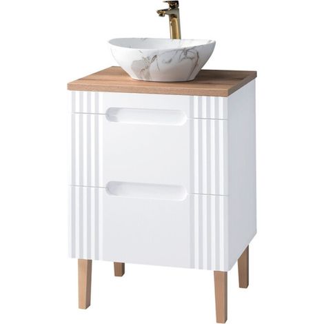 Badezimmer-Set FIDJI: Waschtischunterschrank 60 cm + Platte für Waschbecken + asymmetrisches ovales Aufsatzwaschbecken + Füße