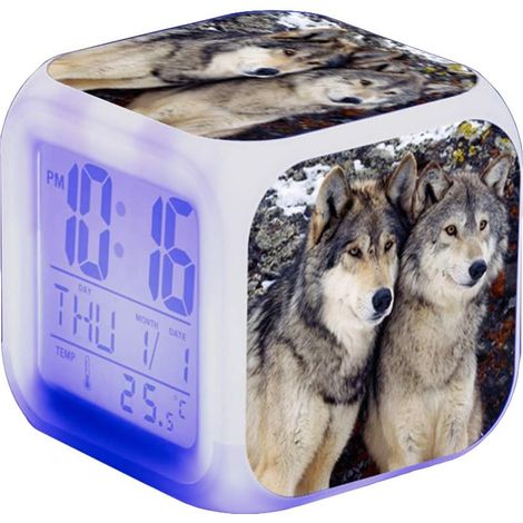 ZOLGINAH Réveil LED - Pour enfant - Réveil de chevet - Carré - Écran LCD éclairé - Motif loup (6) (1/5)