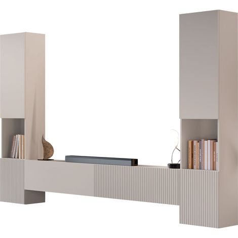 Mobilier1 – Ensemble de salon modulable 3 pièces – Matériaux MDF et stratifié – Couleur cachemire – Système push to open – Fabriqué en Union Européenne