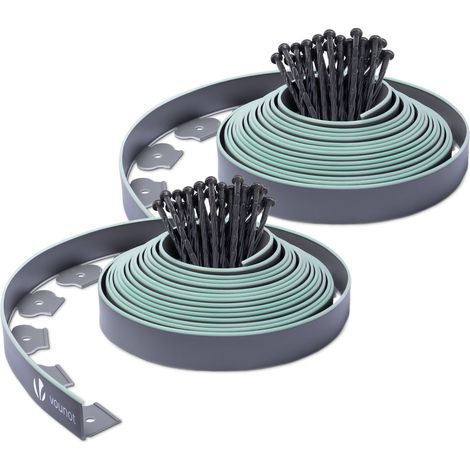 Vounot – Bordure de jardin flexible 20M en plastique recyclé – 60 piquets de 20cm – Hauteur 5cm – Épaisseur 4mm – Gris bordé de vert clair