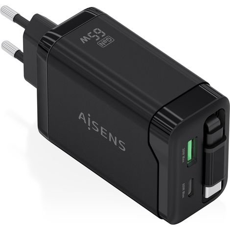 Cargador de Pared GaN Aisens ASCH-65W3P071-BK/ 1xUSB Tipo-C/ 1xUSB/ 65W/ Negro