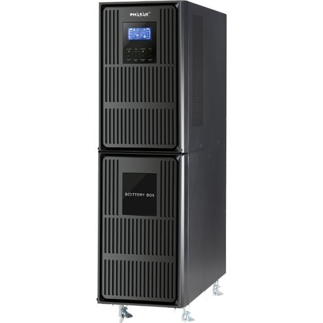 Online-USV, Marke Phasak, Modell PH 9260  mit 6000 VA, ideal für IT-, Medizin- und Industrieumgebungen, mit Doppelwandler, Pure Wave, ECO-Modus, EPO und SNMP-Fernverwaltung.