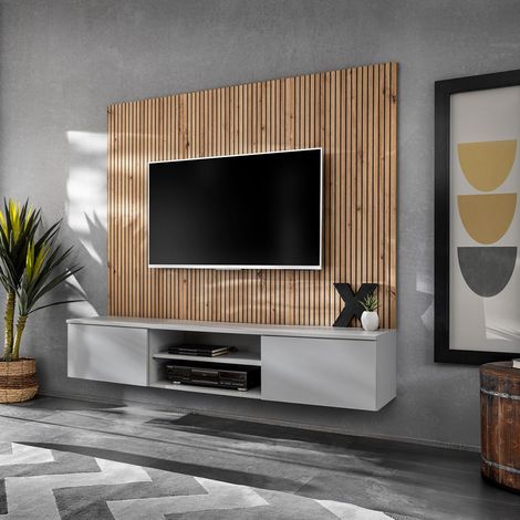 Ensemble Meuble TV Rayure "Xari" 160cm Naturel & Gris Perle (1/5)