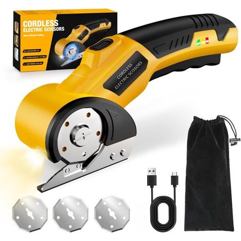 Ciseaux électriques portables sans fil rechargeables, adaptés aux vêtements, tissus et petits textiles, jaunes. (1/5)