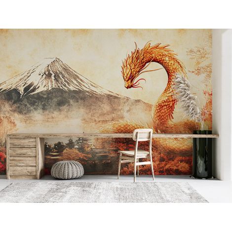 Papier peint animaux - dragon doré volant près du mont fuji - 300 x 250 cm (1/2)