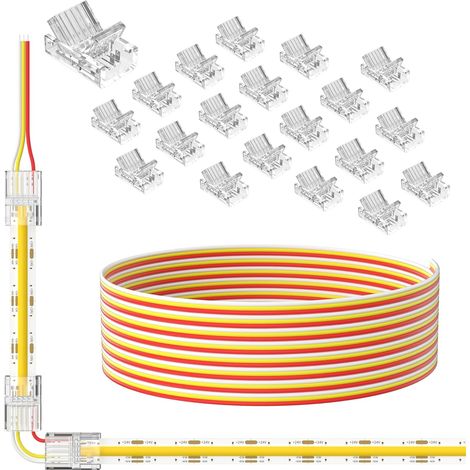 Lot de 20 connecteurs de 10 mm pour bandes LED CCT COB à 3 broches, câble d'extension de 3 m 22 AWG (3 fils) pour connexion sans soudure, connexion sans espace, 5 V, 12 V, 24 V (1/5)