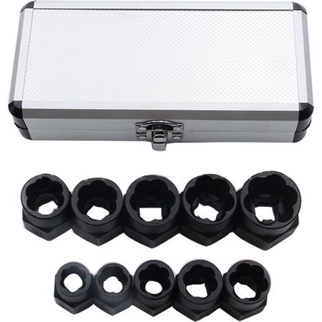 Set mit 10 robusten Bolzenausdrehern aus hochfestem Chrom-Vanadium-Stahl, schwarz. (1/5)