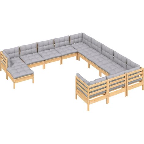 Muebles de jardín 12 pzas y cojines madera de pino gris vidaXL (1/4)