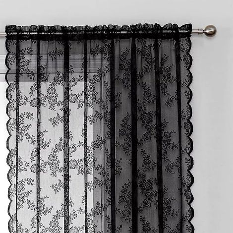 Panneau de rideau en dentelle transparente brodée florale vintage, rideau en tulle, rideaux de fenêtre romantiques vintage, décoration de la maison (100 x 150 cm, noir) (1/5)