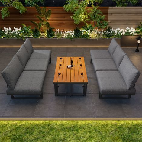 6-Sitzer Gartenmöbel aus Metall mit Tisch, 2 Sofas und dicken Kissen, Grau