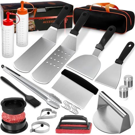 Kit Complet de 27 Accessoires pour Plancha Barbecue en Acier Inoxydable Solide, Inclut Presse à Steak, Différentes Spatules et Un Sac Pratique, Idée Cadeau pour Amateurs de Cuisine et de BBQ (1/5)