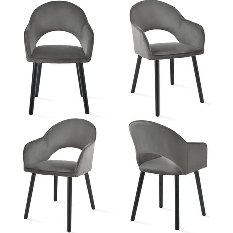 Goeurvant – Lot de 4 chaises de salle à manger en velours gris foncé – Dossier incurvé ergonomique – Accoudoirs confortables – Dimensions 58x61x85cm