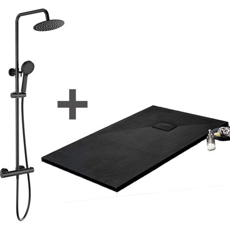 Pack Receveur de douche 80 x 140 cm extra plat noir + Colonne de douche thermostatique