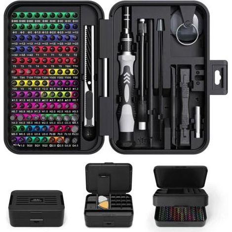 Tournevis de Précision, 132Pcs Kit Coffret tournevis de précision et embouts, Magnétique, Multifonction Bricolage Outillage, pour iphone, Switch, PS4, Mac, Laptop, Lunettes, Montre, Noir (1/4)