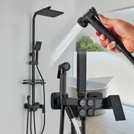 Zamery – Colonne de douche thermostatique noire – Système de douche pluie avec affichage LCD – 6 fonctions – Acier inoxydable – Montage mural (1/5)