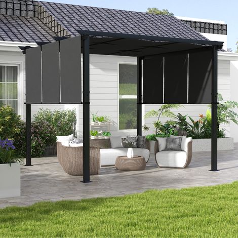 Pergola avec 3 toiles coulissantes 3L x 3l m structure métal époxy anticorrosion toile polyester gris