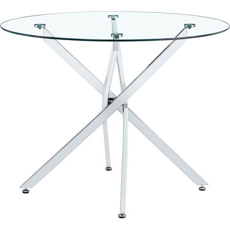 Table à manger ronde en verre trempé 88 cm avec piètement métal argenté pour 2-4 personnes (1/5)