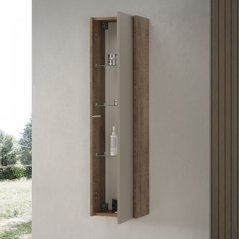 Colonna bagno sospesa H120 cm in legno tabacco e tortora con anta reversibile Smok (1/5)