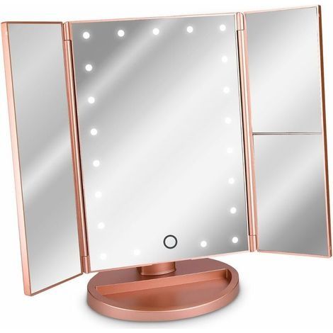 Miroir Lumineux LED 3 Faces à Poser - Miroir Maquillage Triptyque Pliable sur Pied avec Effet Grossissant x2 x3 - Pile ou USB - Rose doré (1/5)
