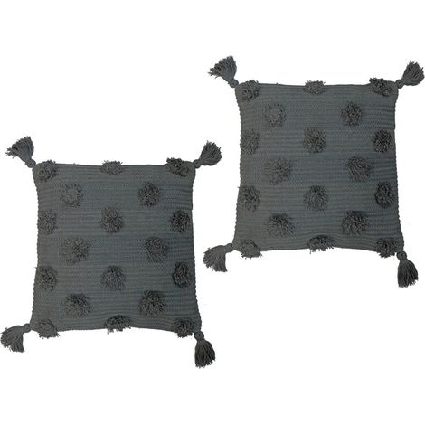 Lot de 2 coussins 40x40 cm à pompons en coton gris foncé - POMPY