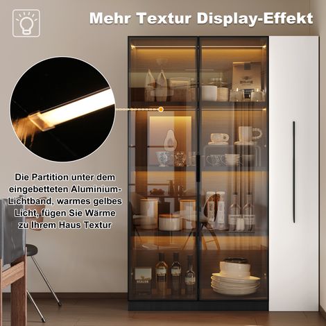 Meuble multifonction 110,5×35×160 cm - Vitrine LED avec porte en verre, tiroir latéral, armoire sur roulettes - Design blanc et noir, colonne moderne, étagère à livres, meuble de salle de bain, buffet (1/5)