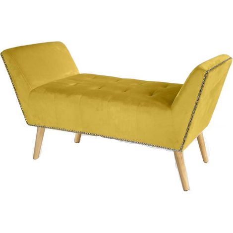 Panca in velluto gialla gambe in legno retro (1/2)