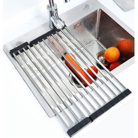 Collapsible dish drainer, rollable stainless steel sink mat, silver kitchen drainer (16 collapsible tubes 47 x 36 cm) (1/5)