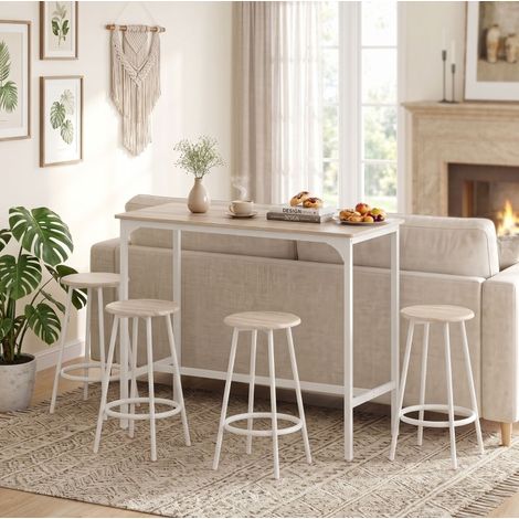 Mesa alta 110 x 50 x 89,5 cm con 4 taburetes, estilo industrial, roble OKMYHOME (1/5)