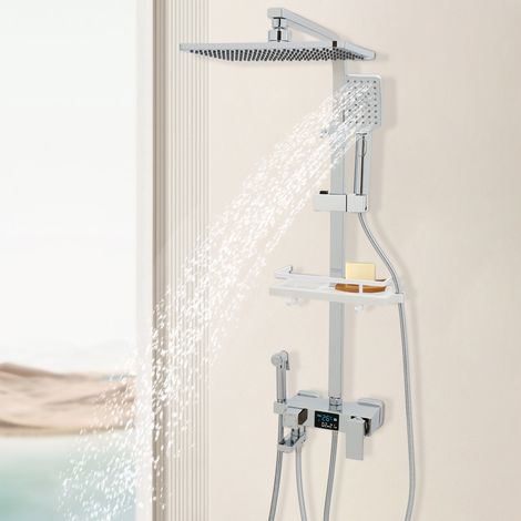 Colonne de douche, système de douche pour salle de bains avec bac de baignoire - argenté, 3 modes de douche à main, réglable (1/5)
