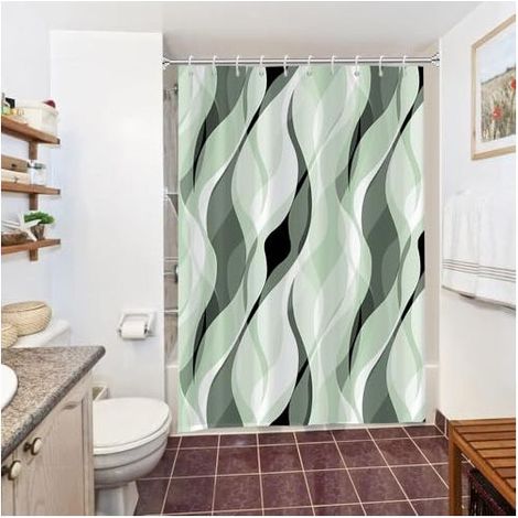 Rideau de Douche Anti-Moisissure 180x180 cm - Motif Abstrait Rayures Vert Sauge, Polyester Imperméable et Lavable pour Baignoire, avec 10 Crochets Inclus (1/4)