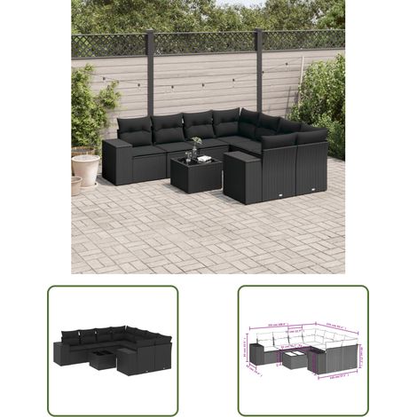 The Living Store 9-tlg. Garten-Sofagarnitur mit Kissen Schwarz Poly Rattan - Gartenmöbel - Esstischgarnitur - Outdoor Möbel - Lounge Set - Rattan Gartenmöbel (1/3)